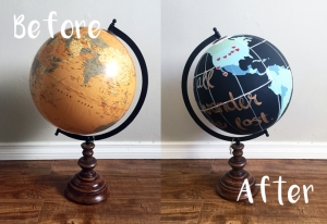 Before and after hand-painted globe